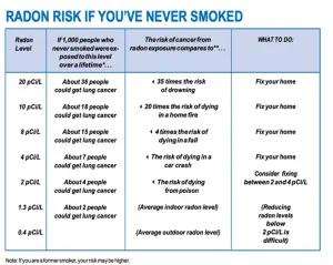 Infographic highlighting lung cancer risks for never smokers with prevention tips.
