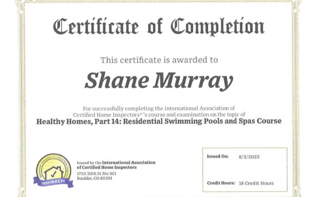 Premier Home Inspection Inspector Shane Murray Now Certified for Pool Inspection