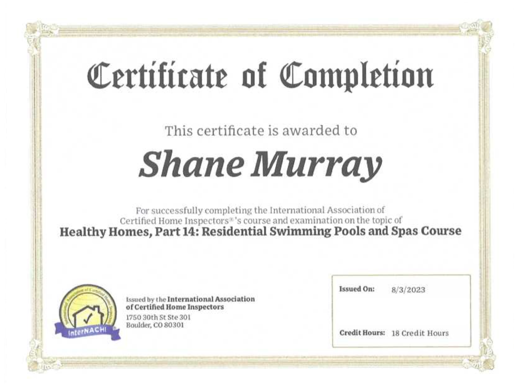 Premier Home Inspection Inspector Shane Murray Now Certified for Pool ...