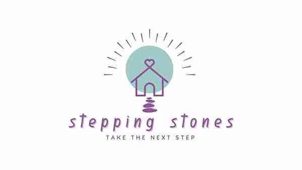 Logo with a house, stairs, and a ribbon symbol, titled 'Stepping Stones'.