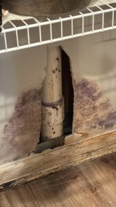 Damage ona. new construction home where pipe was punctured by workers during construction.