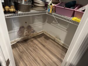 Damage ona. new construction home where pipe was punctured by workers during construction.